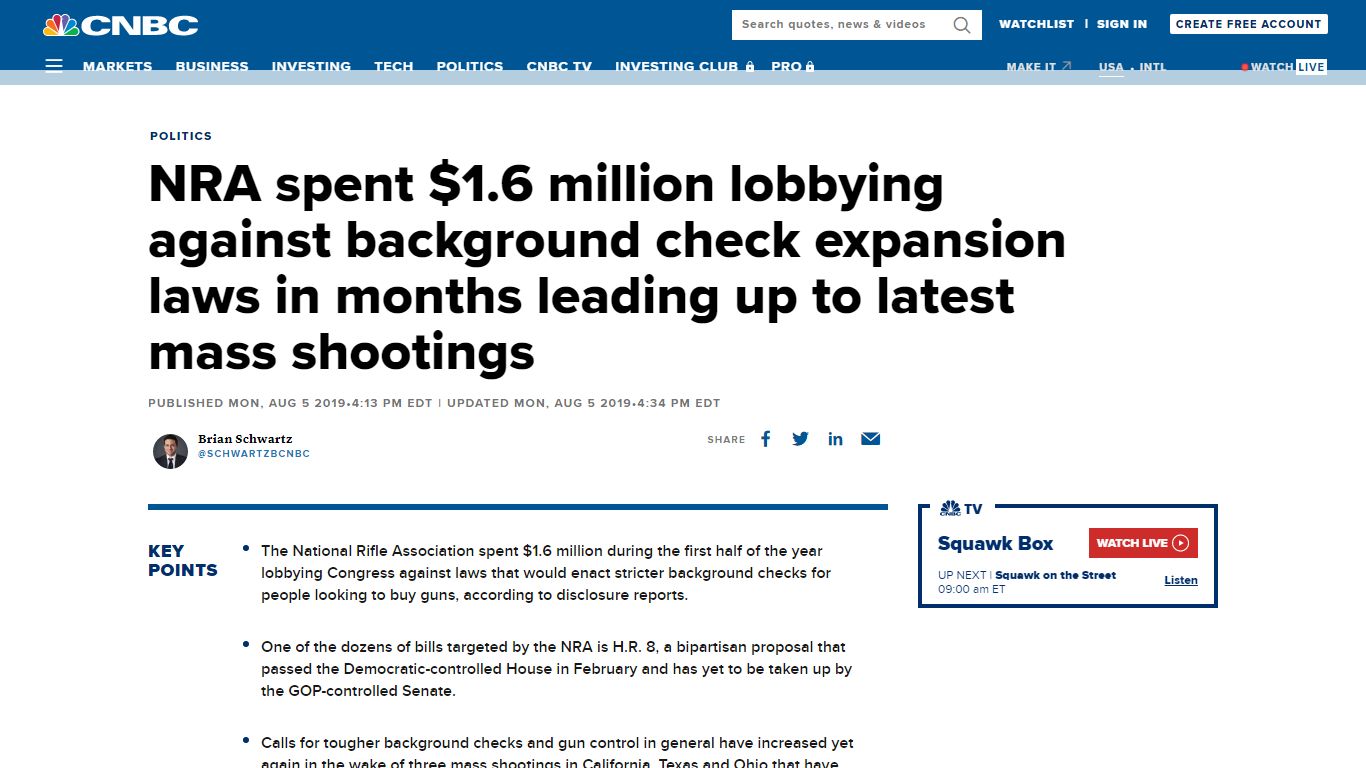 NRA spent $1.6 million lobbying against background check ... - CNBC